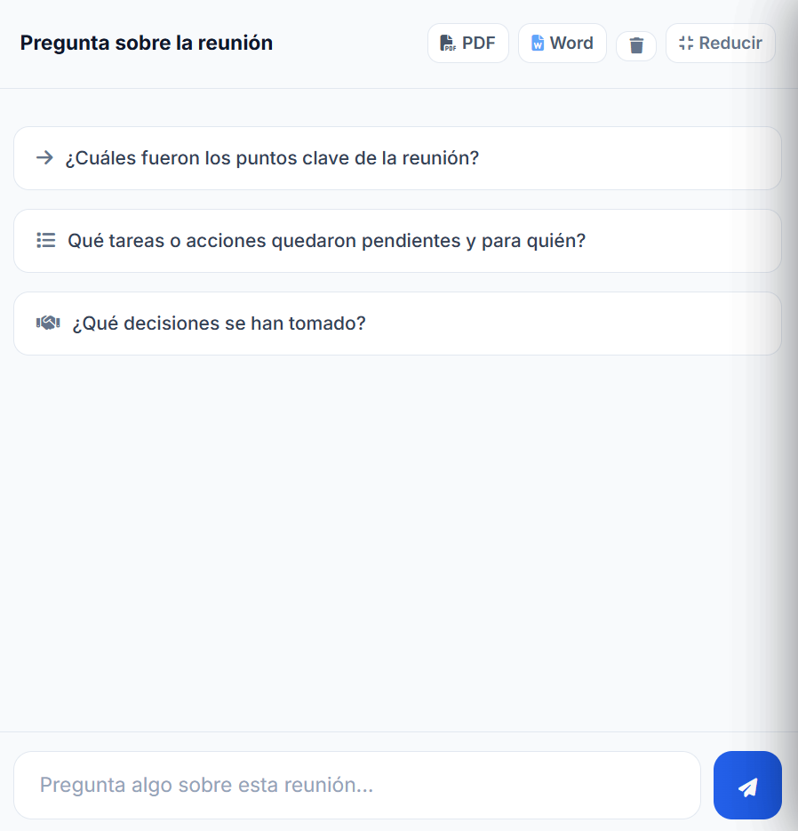 Chat con inteligencia artificial para consultar el contenido de una reunión en Edorteam Echo