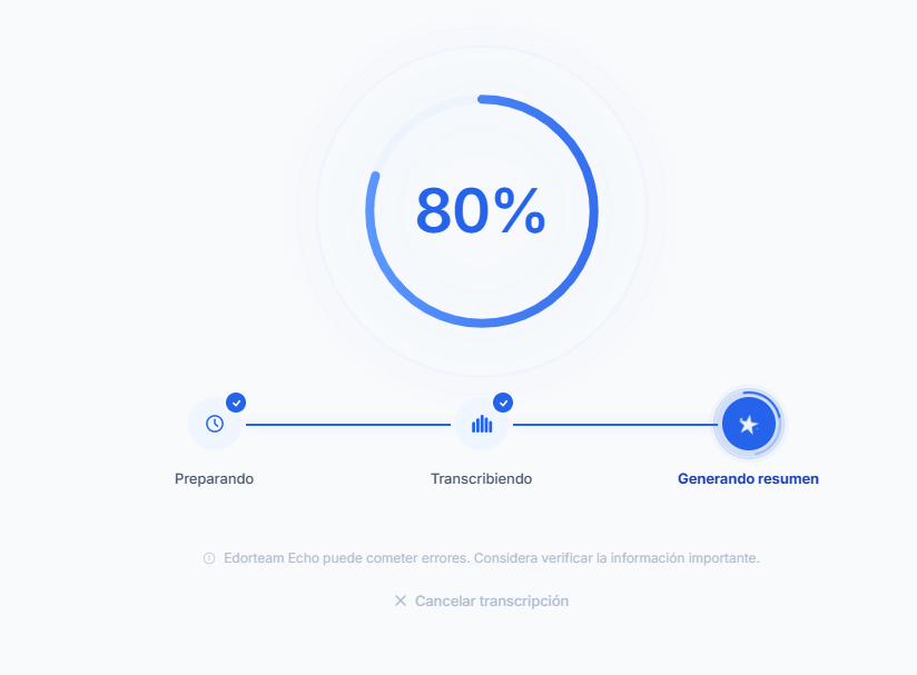 Transcripción automática de reunión generada por la IA de Edorteam Echo